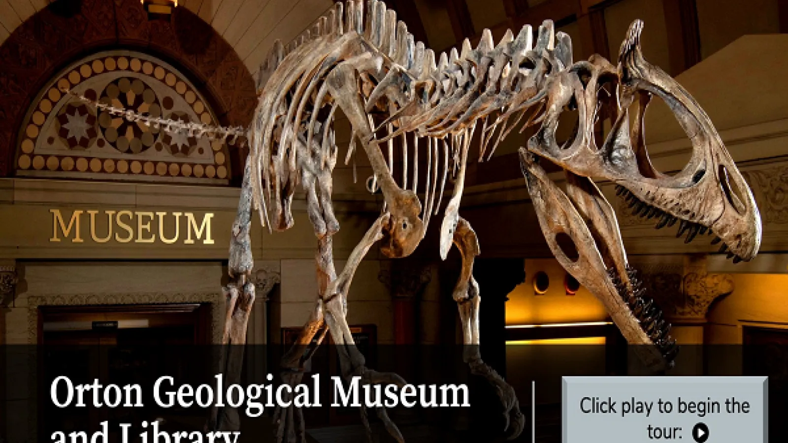 Cryolophosaurus and "Orton Geological Museum and Library" and a "play" button