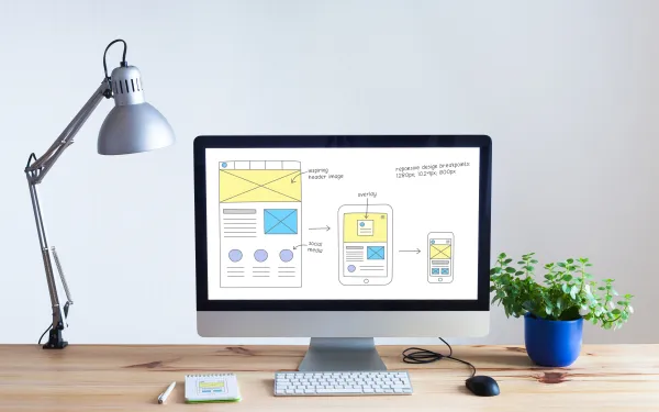 Responsive web design website wireframe sketch layout on computer screen