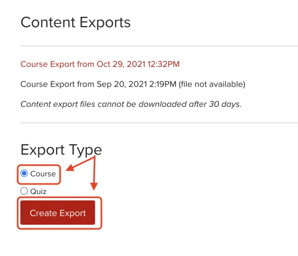 Carmen Content Exports Page with Course radio button filled in and Create Export circled in red. 
