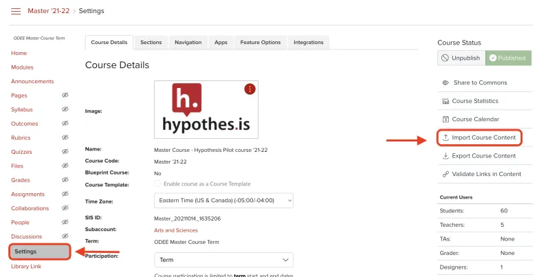 Carmen course setting page with Import Course Content circled in red.