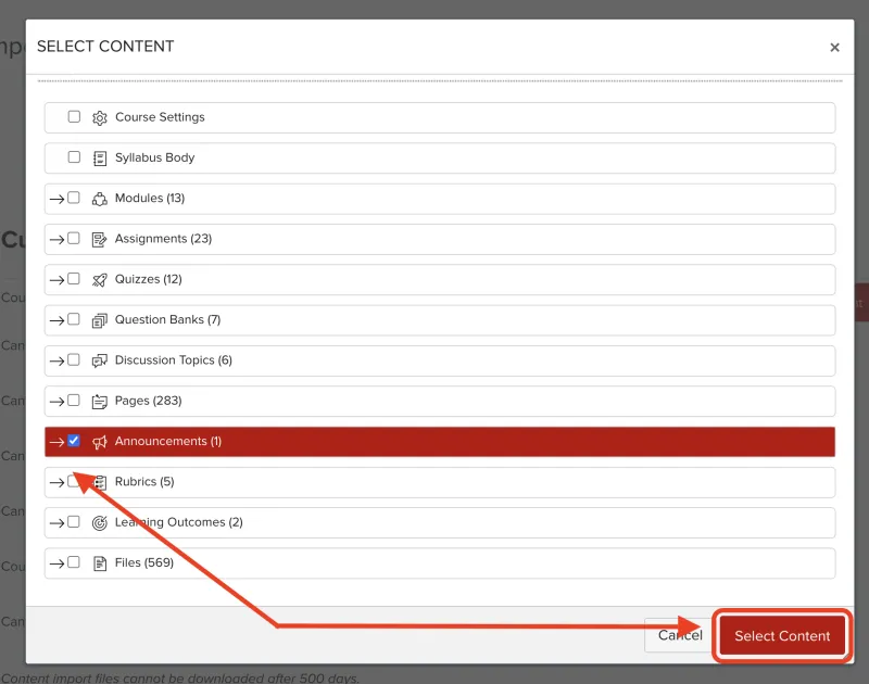Pop Out box with content Selections ready to be chose. One item is pointed out and the Select content button is circled.
